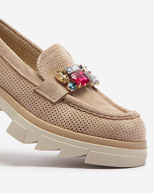 Resti Light brown openwork women&#039;s moccasins with ornament Bokkso- Footwear