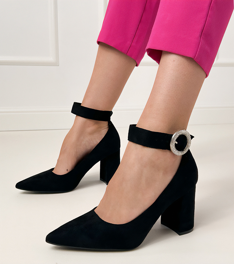 marka niezdefiniowana Pantofi negri cu toc gros, cataramă și cristale Vellus