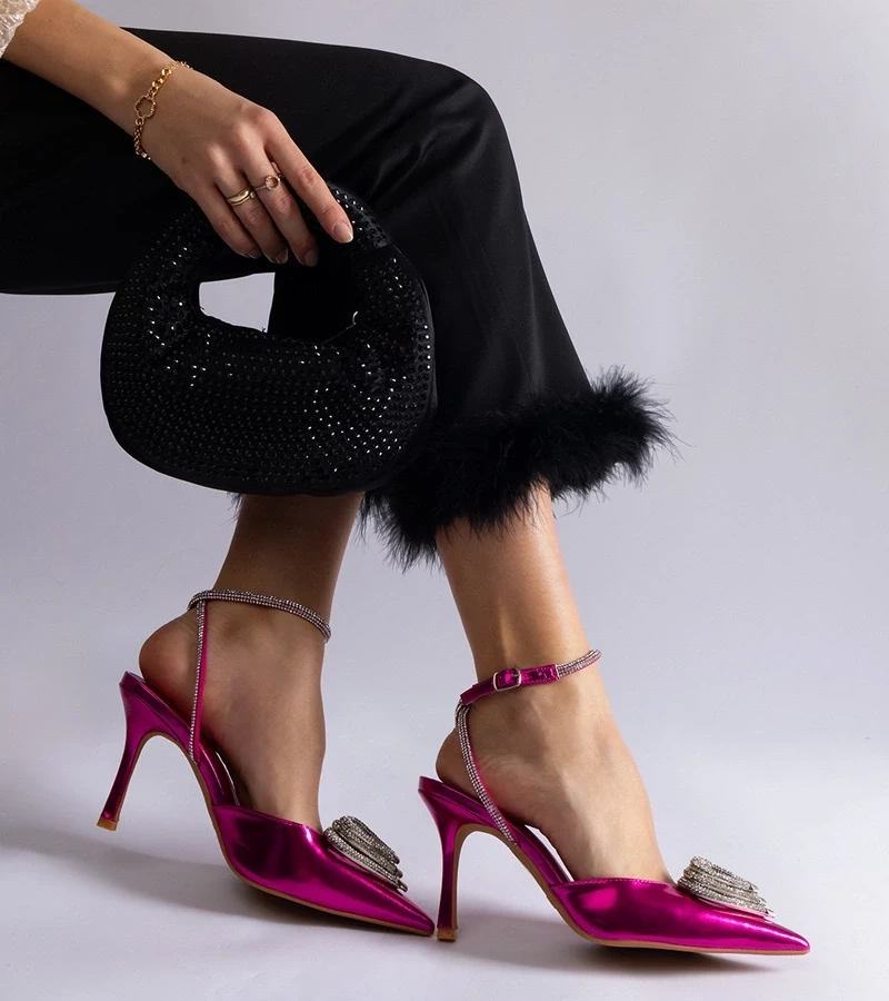 Gemre Pantofi roz cu toc cui cu călcâi decupat decorați cu zirconii Isoda