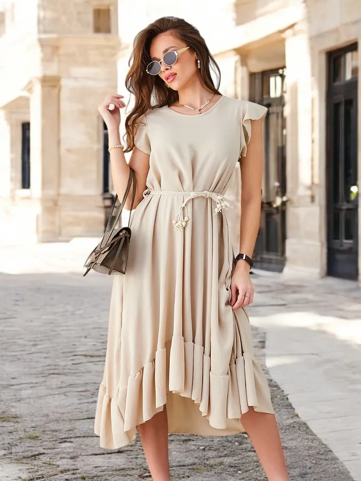 Resti Womens midi dress with ruffles and short sleeves