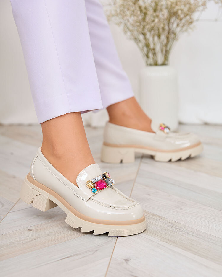 Resti Lacquered cream moccasins with colorful stones Sarin