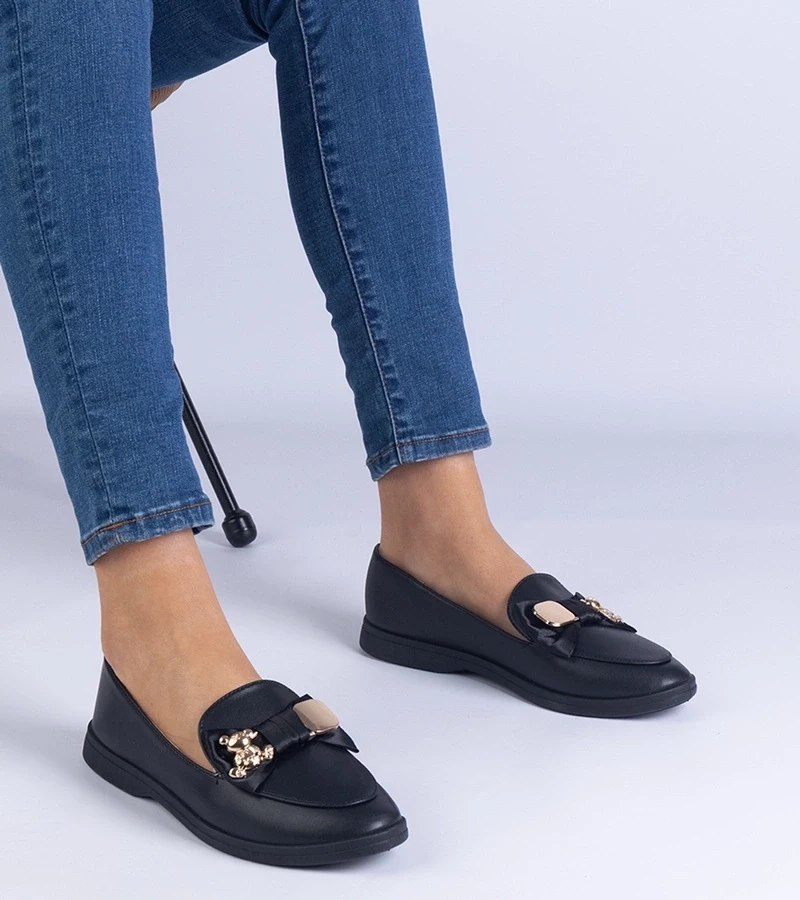 Gemre Mocasini negri decorați cu fundiță și ursuleț auriu Nensi