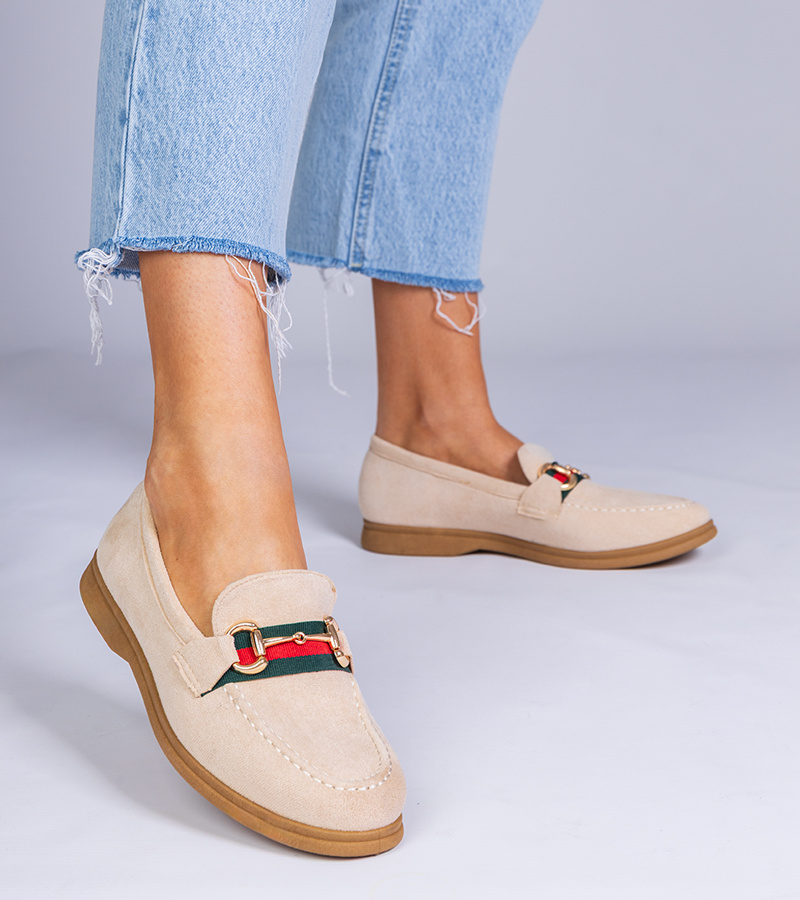 marka niezdefiniowana Beige suede loafers with gold decoration Daliana