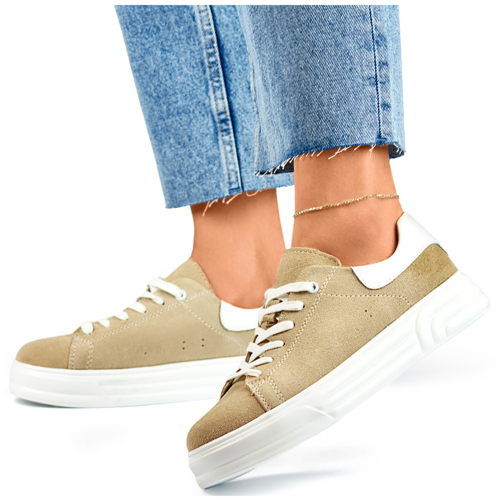 primohurt Skórzane buty damskie na płaskiej podeszwie beżowe