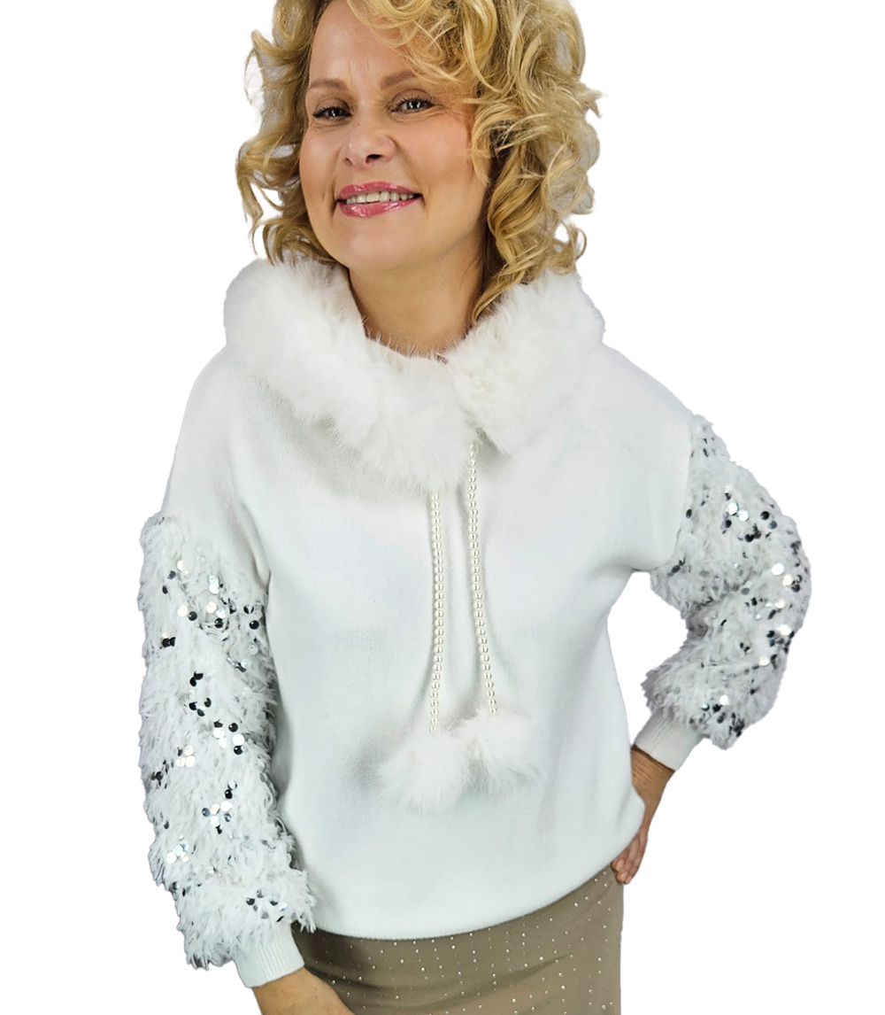 Pri Warm sweater sweatshirt with hood, detachable fur and feathers BOMBAY