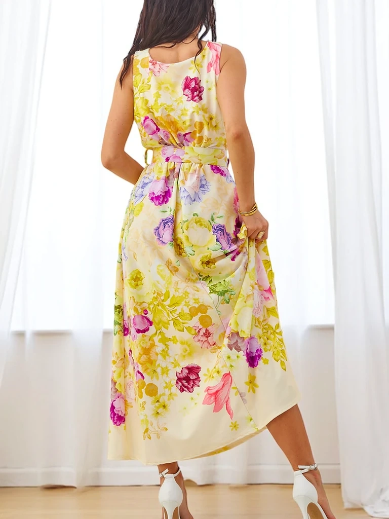 Resti Women's viscose midi dress with straps, featuring a belt in various floral prints