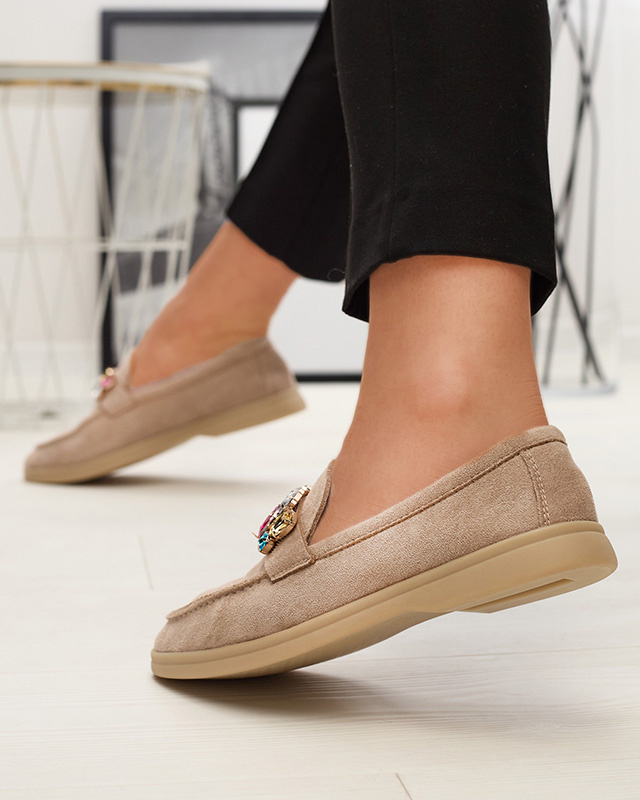 Resti Eco suede light brown women's moccasins with decorative crystals Nellens- Footwear