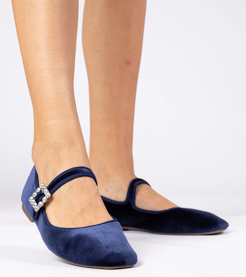 marka niezdefiniowana Navy velvet women's ballet flats with buckle Kvitta