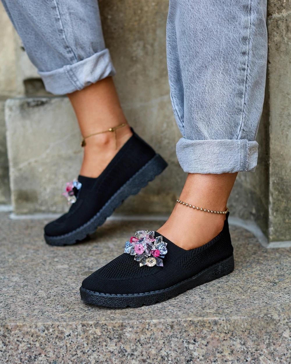 Resti Black women&#039;s fabric moccasins with crystals Fezens