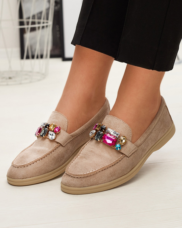 Resti Eco suede light brown women's moccasins with decorative crystals Nellens- Footwear