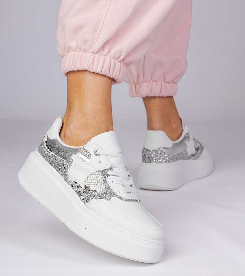 Gemre Adidași albi cu sclipici și imprimeu animal Bertula