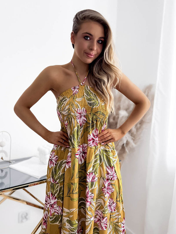 Resti Yellow women's midi dress with floral pattern - Clothing