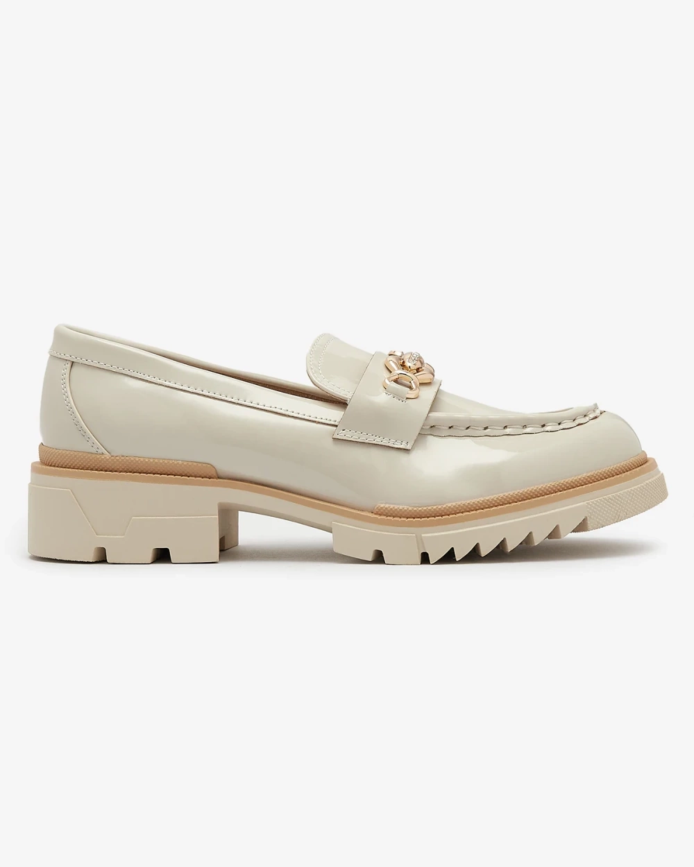 Resti Beige lacquered women&#039;s moccasins with chain Sotella - Footwear