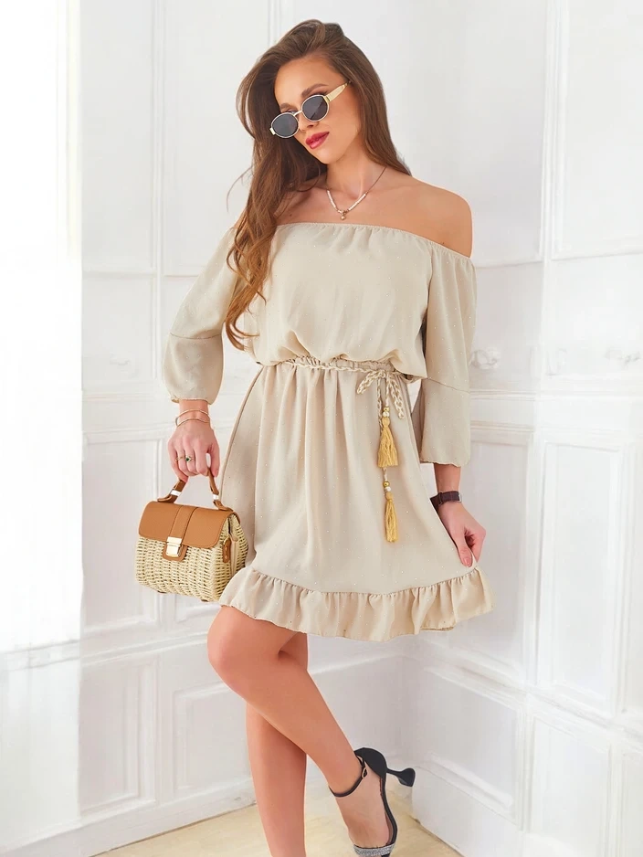 Resti Women's mini dress off-the-shoulder with long sleeves and rhinestones