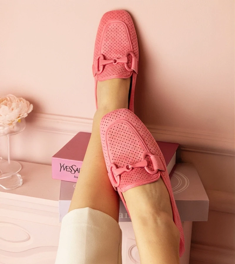 Gemre Mocasini roz pentru femei, perforați, cu ornament Mensory