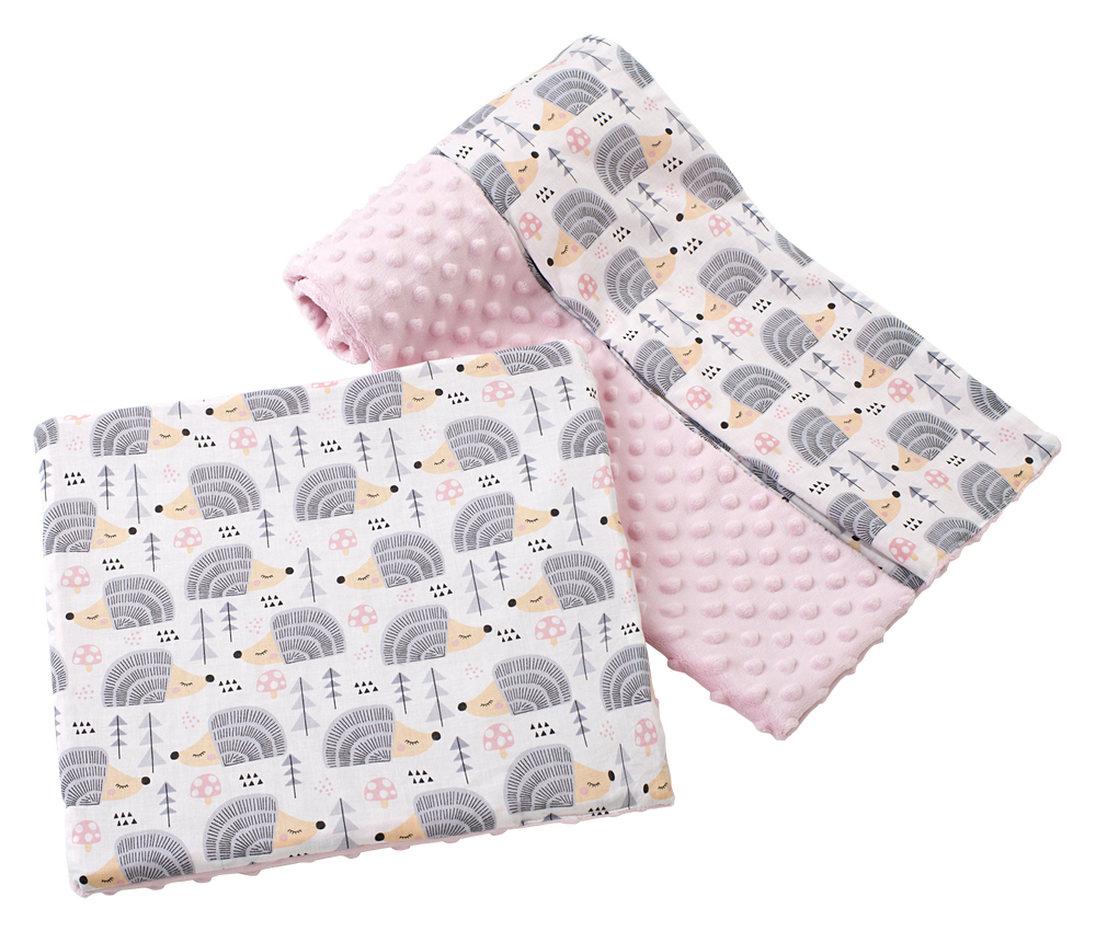 Medi Partners Quilt 75x100 + pillow 35x30 cotton + minky – Gray hedgehogs + light pink minky