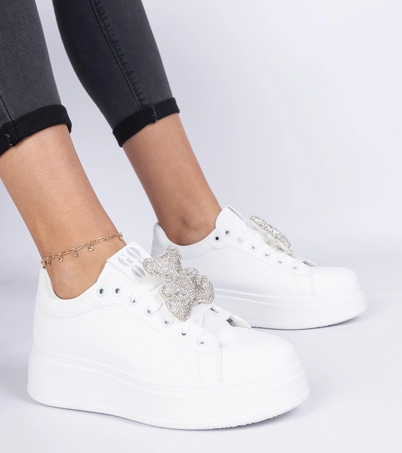 marka niezdefiniowana White women's sneakers decorated with a rhinestone teddy Karrot