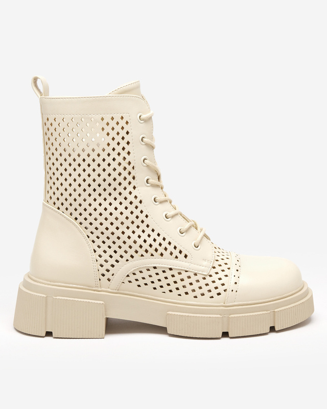 Resti Openwork beige women&#039;s boots with flat heels Rolika - Footwear