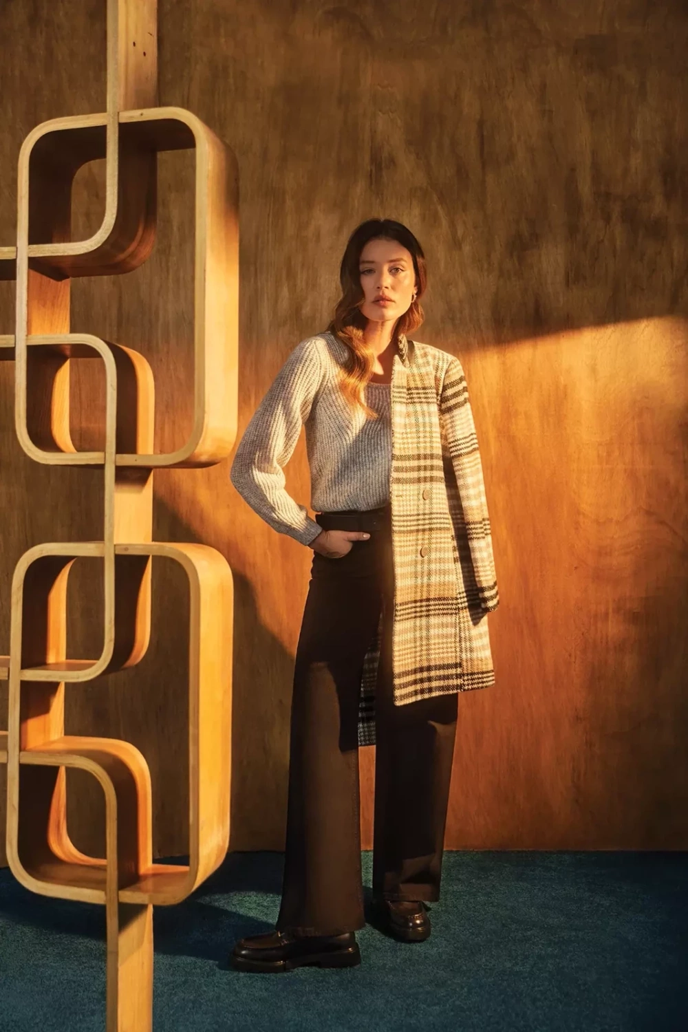 Marisse Double-Breasted Check Coat