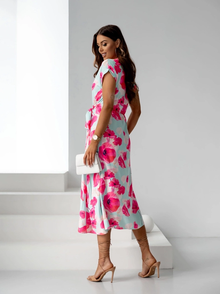 Resti Women's midi dress with short sleeves, wrap neckline in spring flowers