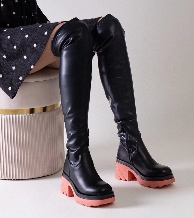 Gemre Cizme negre căptușite pe toc masiv Meragomi.