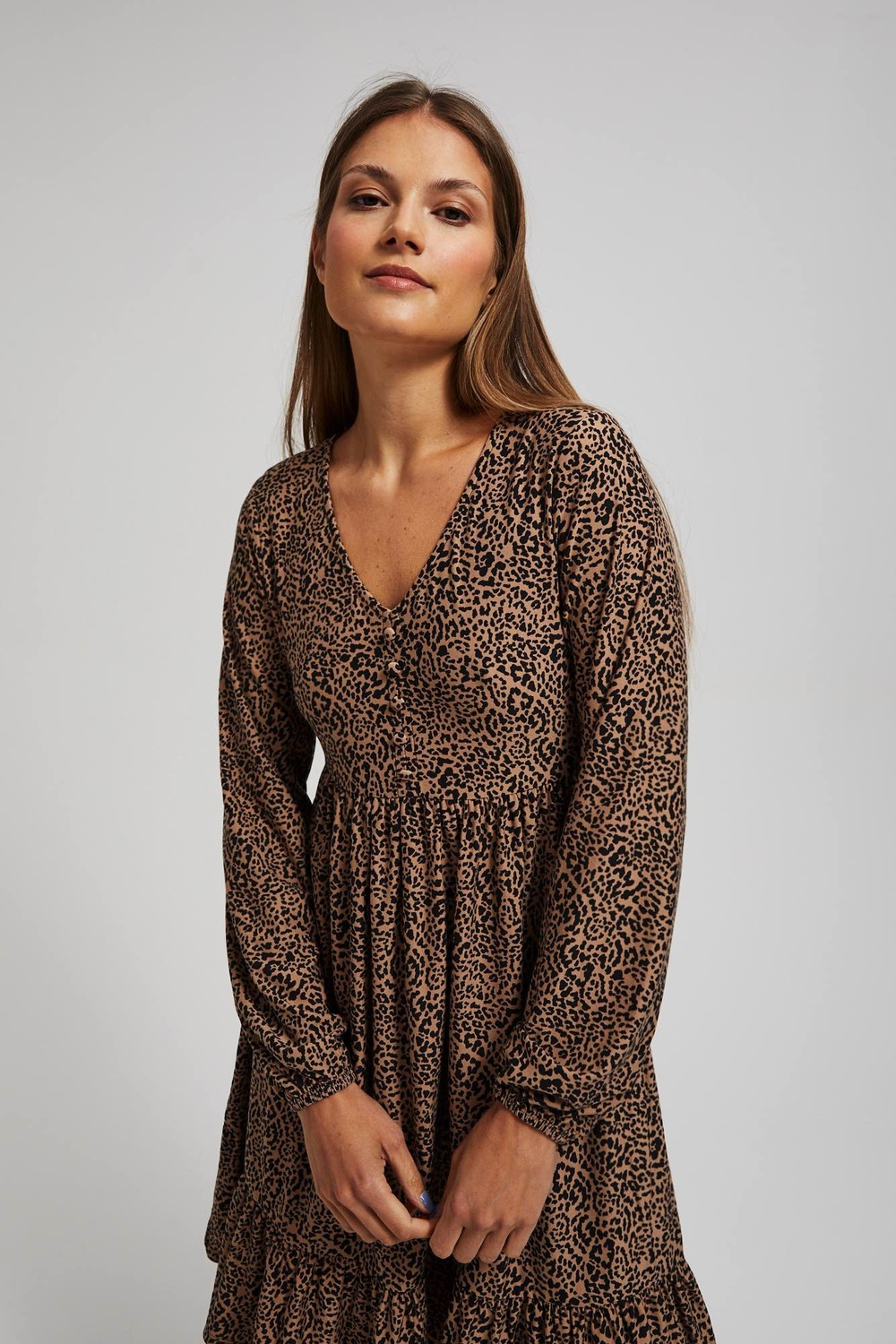 Marisse Patterned, Knee-Length, Ruffled Dress In Dark Beige