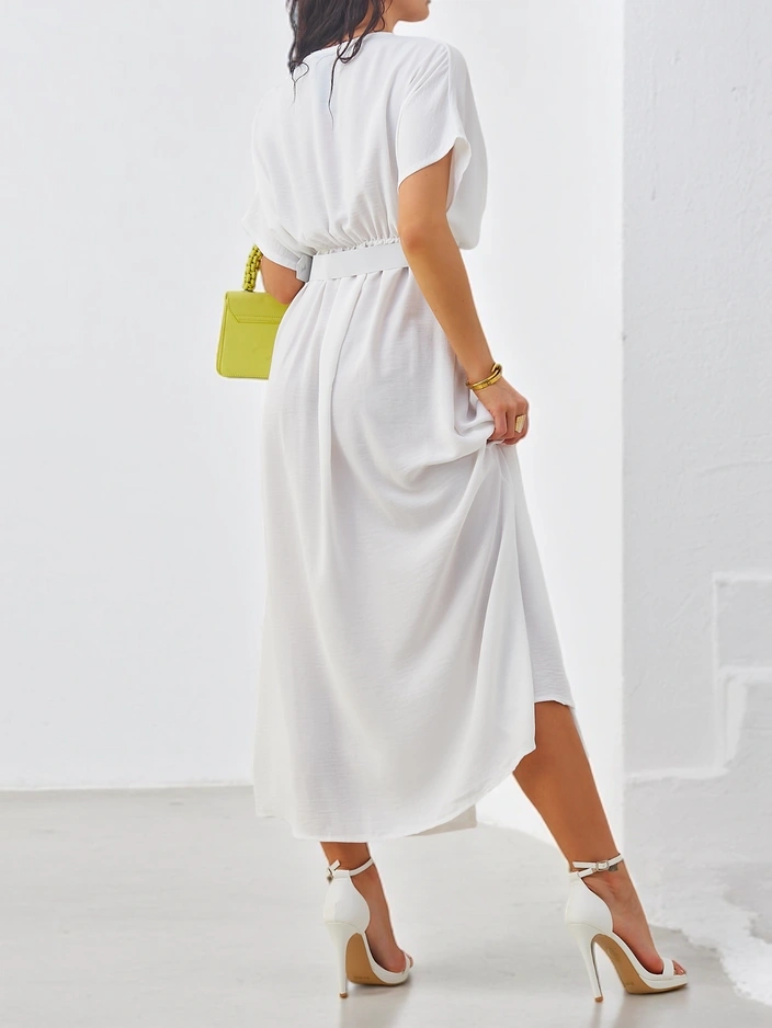Resti Women's midi dress with short sleeves, V-neck and front slit
