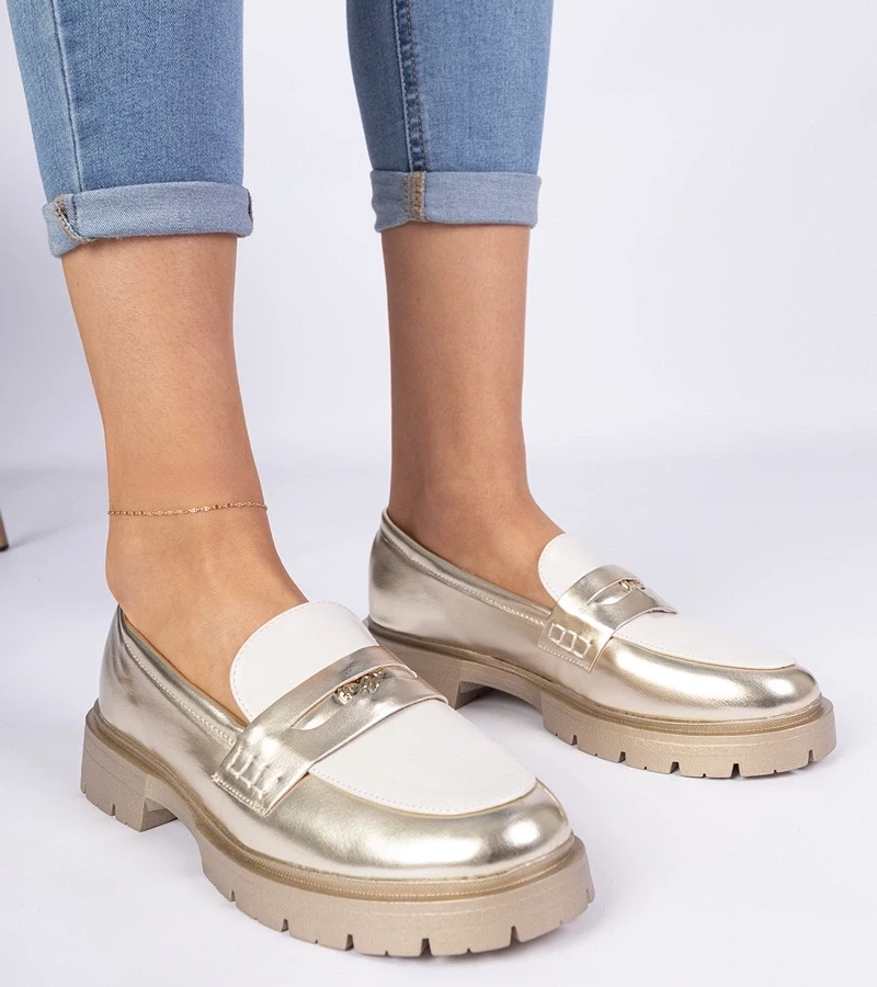 Gemre Mocasini de damă aurii cu inserție albă Sugetti