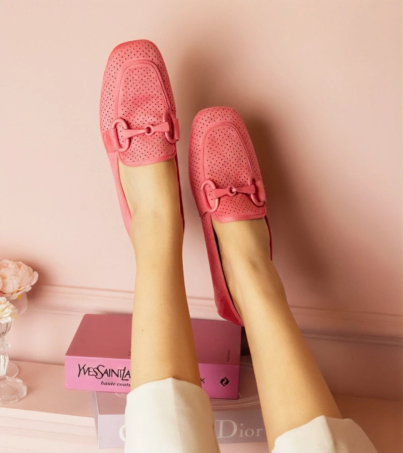 Gemre Mocasini roz pentru femei, perforați, cu ornament Mensory