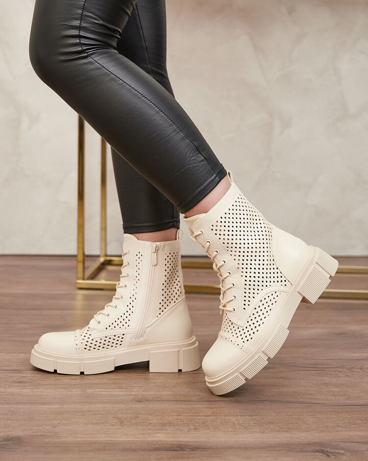 Resti Openwork beige women&#039;s boots with flat heels Rolika - Footwear