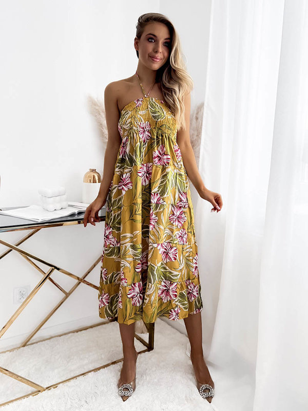 Resti Yellow women's midi dress with floral pattern - Clothing
