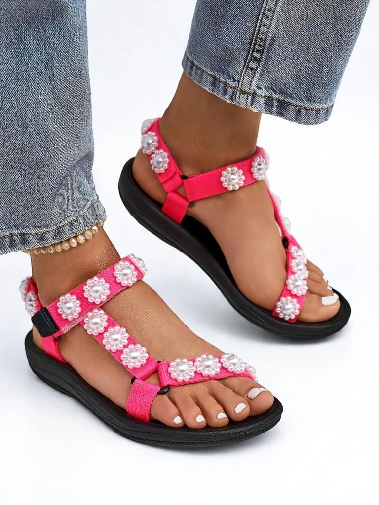 Resti Livia Rosa Sandals – Comfortable Women&#039;s Sandals with Pearl Rhinestones