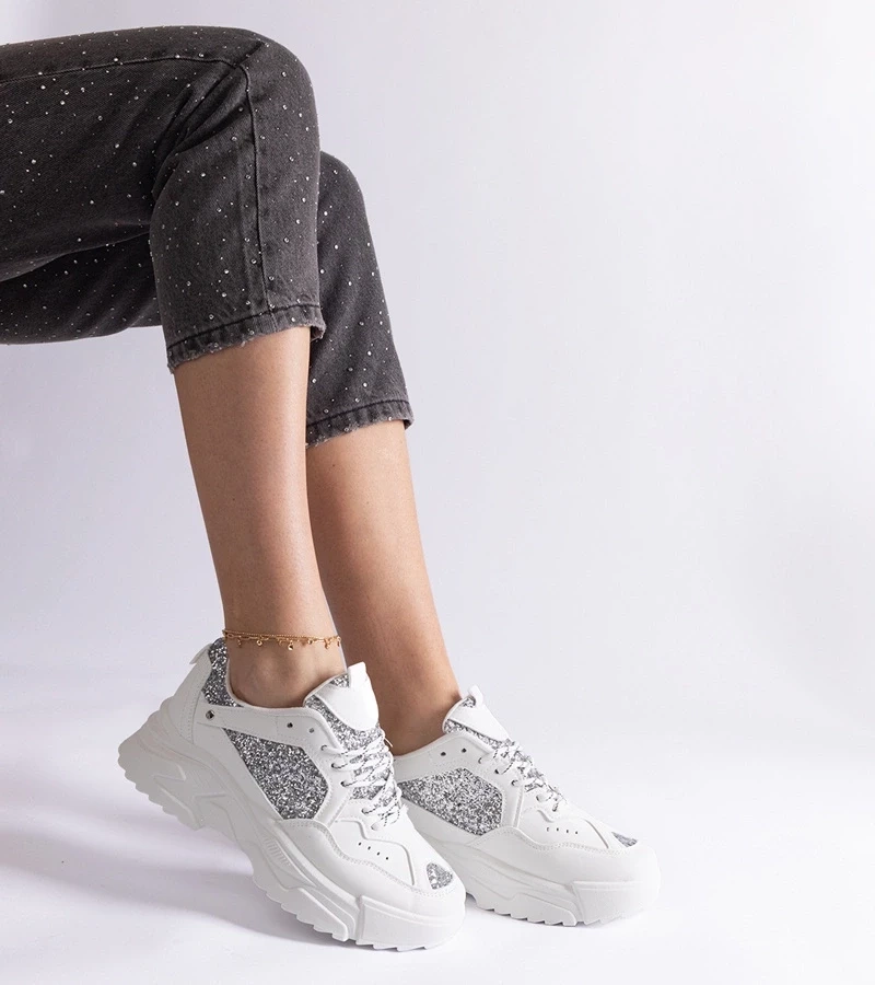 Gemre Adidași albi de damă cu inserții strălucitoare Caraballo