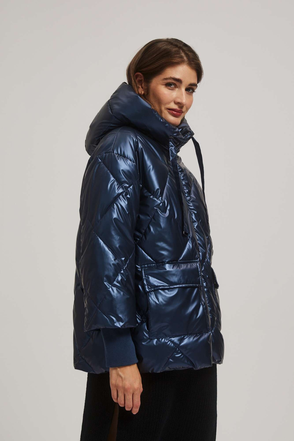 Marisse Navy Blue Metallic Quilted Jacket