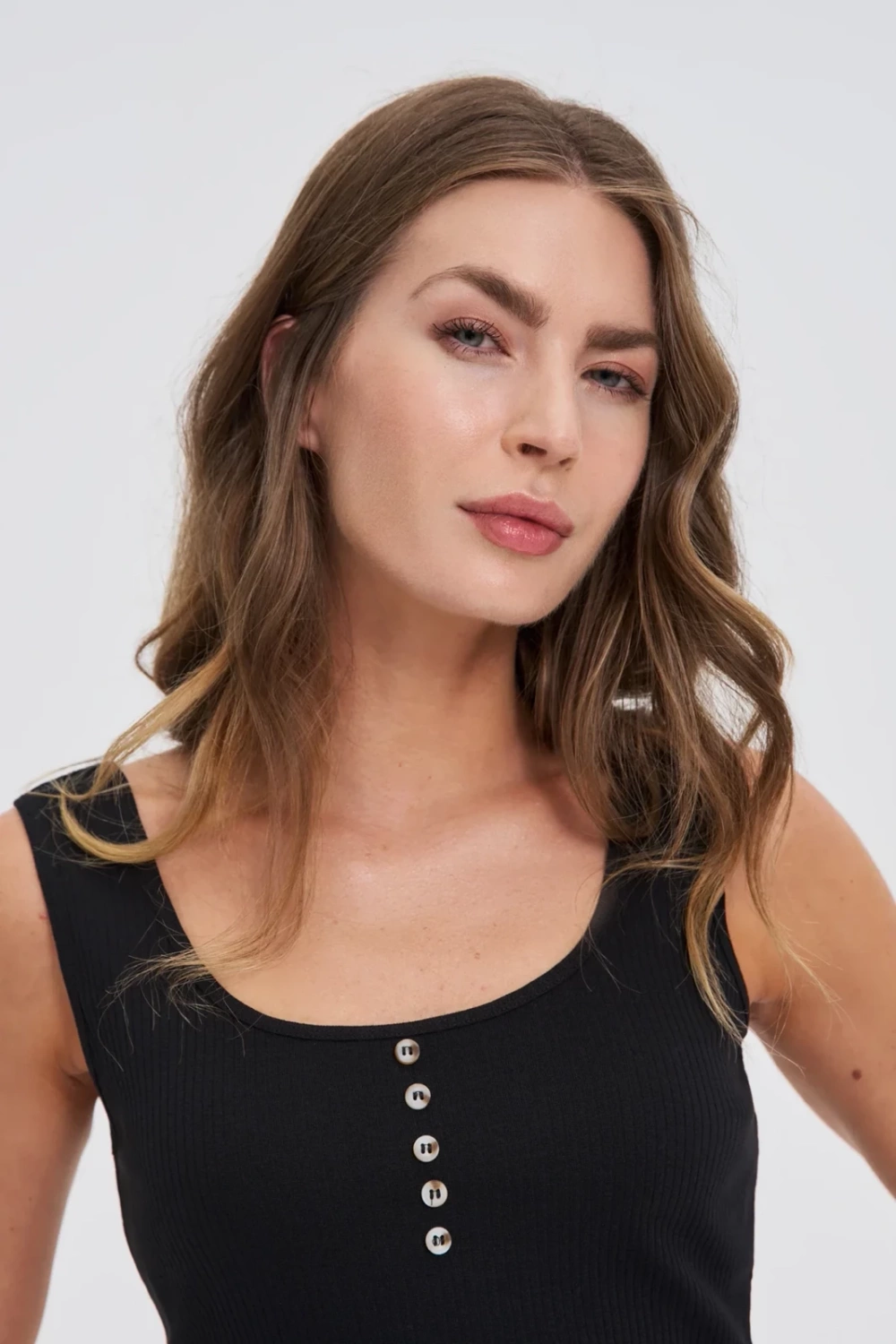 Marisse Black Ribbed Button-Up Top