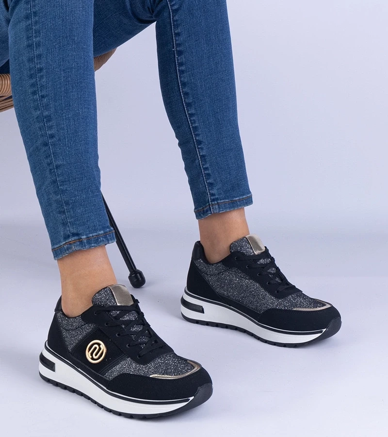marka niezdefiniowana Black glitter sneakers with a gold embellishment Nadina