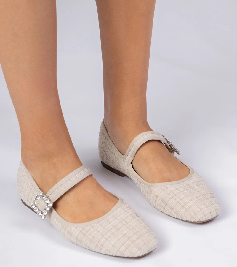marka niezdefiniowana Beige women's ballet flats with buckle and crystals Piona