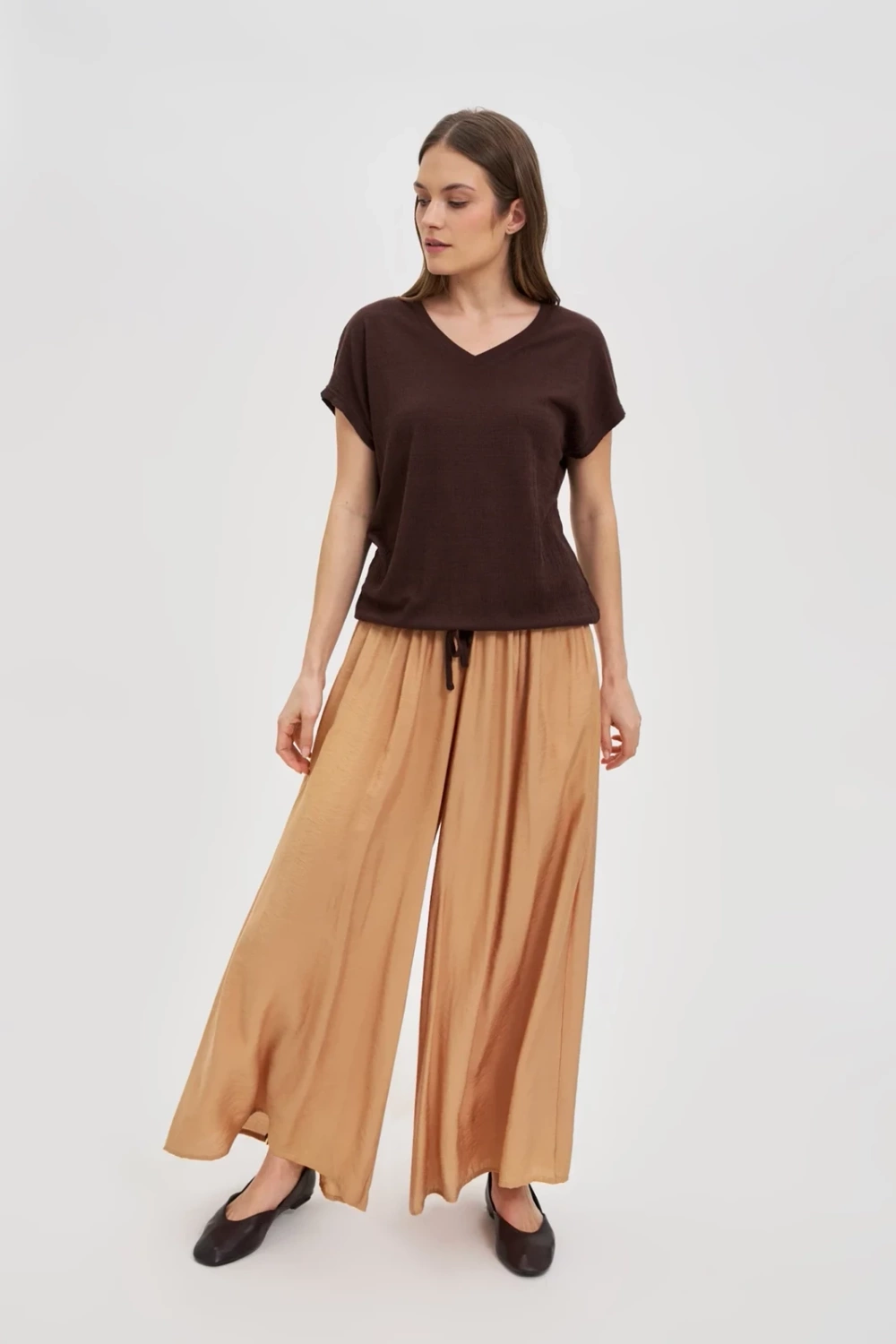 Marisse Brown V-Neck Blouse