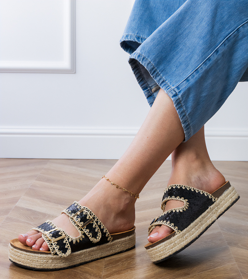 D/CEO Black Glitter Espadrille Sandals with Buckles Induri