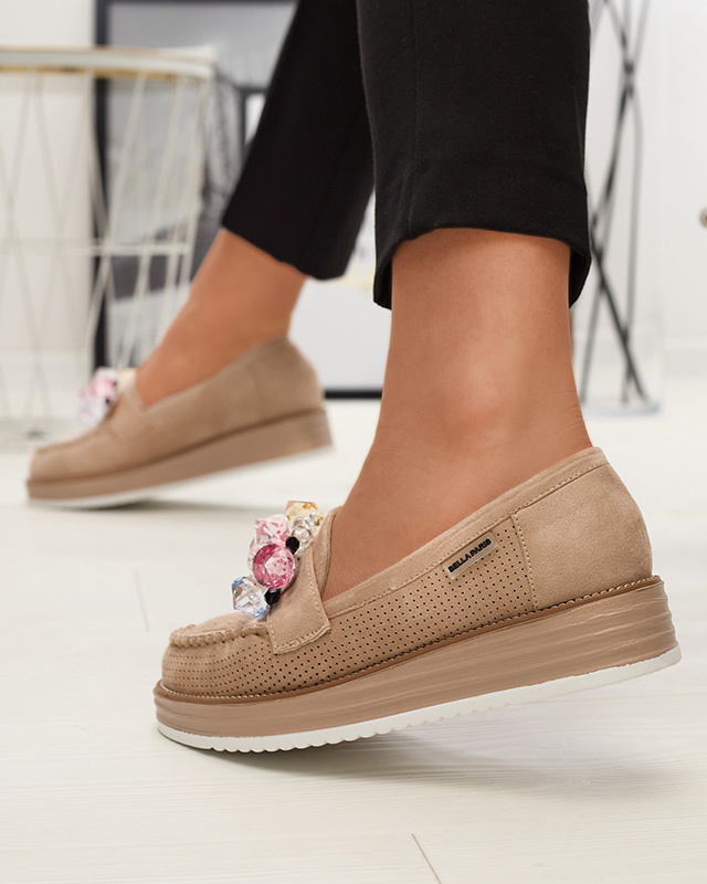 Resti Light brown women&#039;s moccasins with decorative crystals Liscutio- Footwear