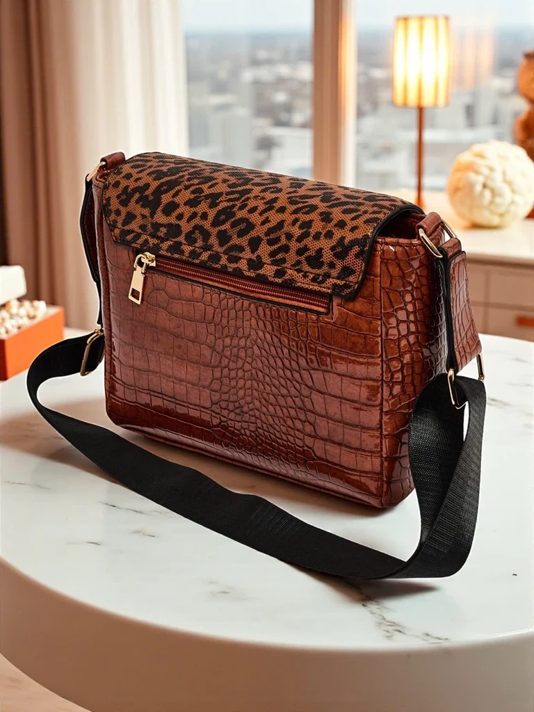 Resti Ariadne Camel Croco Handbag with Panther Flap – Stylish Messenger Bag