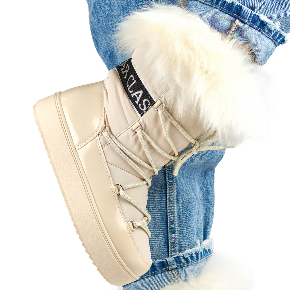 primohurt Beżowe śniegowce damskie z ozdobnym futerkiem