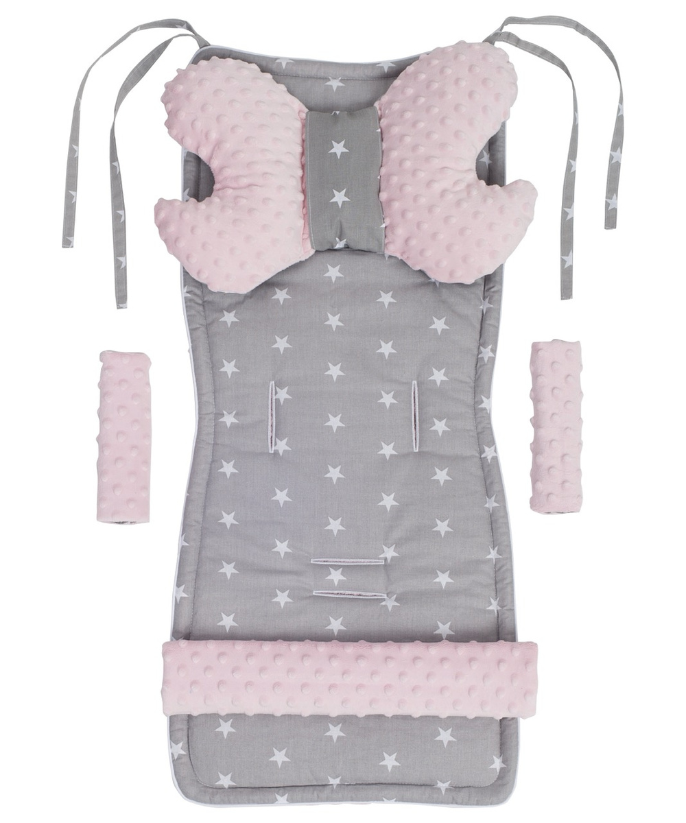 Medi Partners Stroller insert in a 4-piece set - White stars on gray + light pink minky