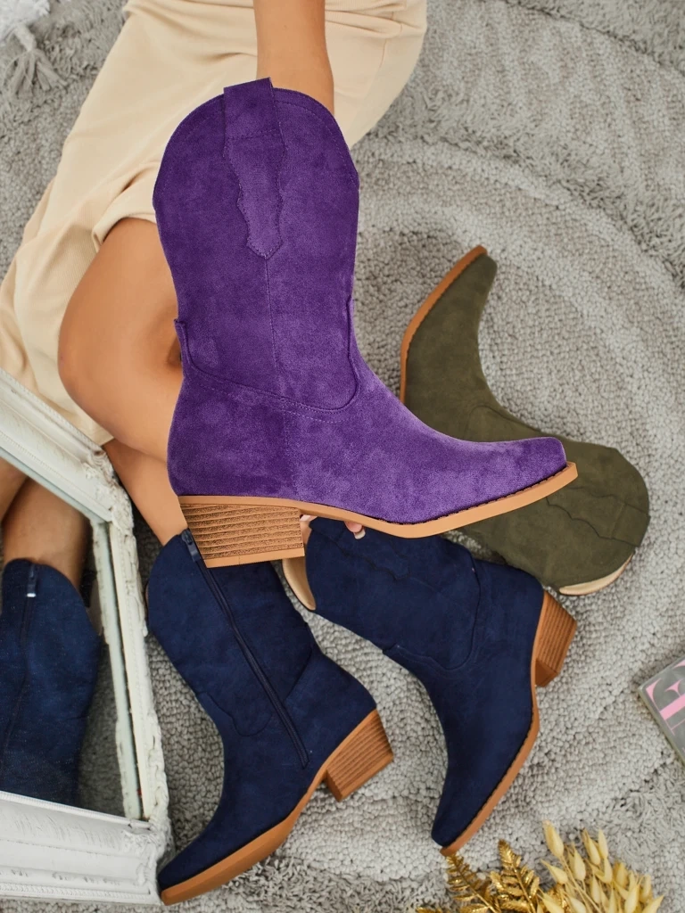 Fialové dámske semišové kovbojské čižmy