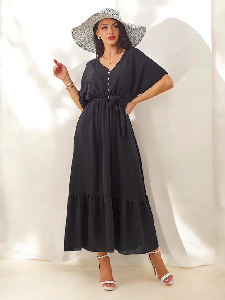 Resti Womens midi dress with short sleeves and decorative buttons