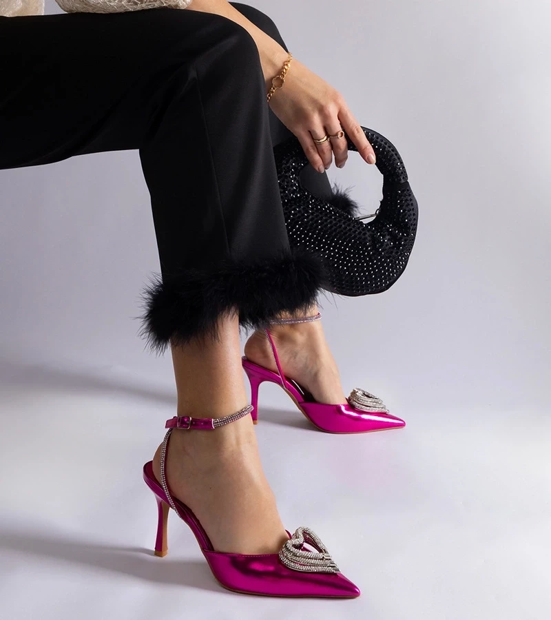 Gemre Pantofi roz cu toc cui cu călcâi decupat decorați cu zirconii Isoda