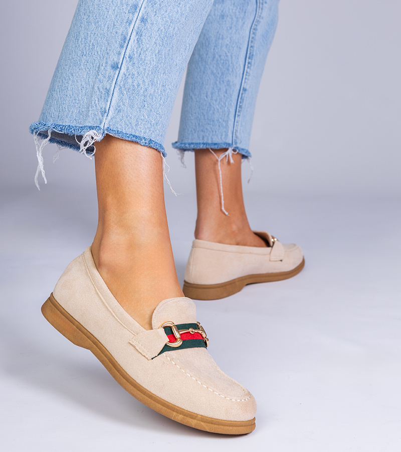 marka niezdefiniowana Beige suede loafers with gold decoration Daliana