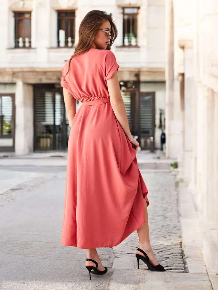 Resti Women's midi dress with a wrap neckline, short sleeves, and a belt