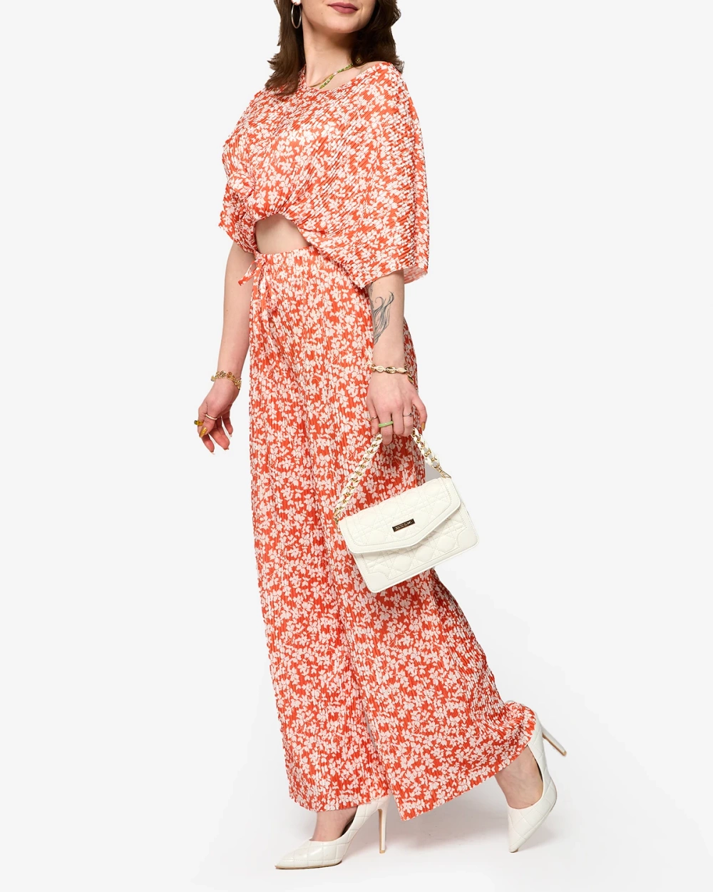 Resti Orange women's pleated set with black flowers - Clothing