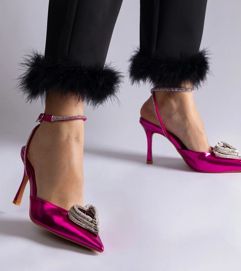 Gemre Pantofi roz cu toc cui cu călcâi decupat decorați cu zirconii Isoda